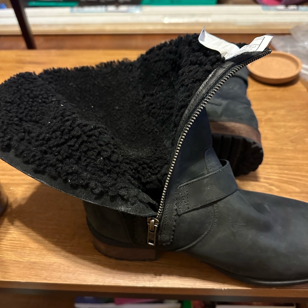 Almost New Ugg fur lined side zipper black waterproof boot.